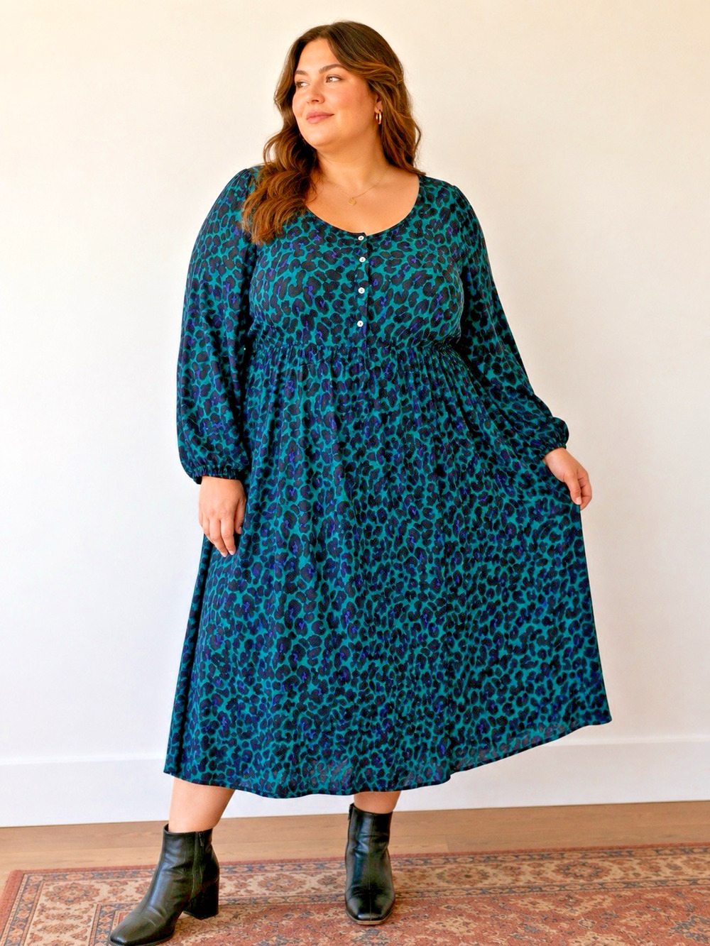 NWT J. Jill Green Black Leopard Print Midi Dress Long Sleeve 2X Jersey Knit